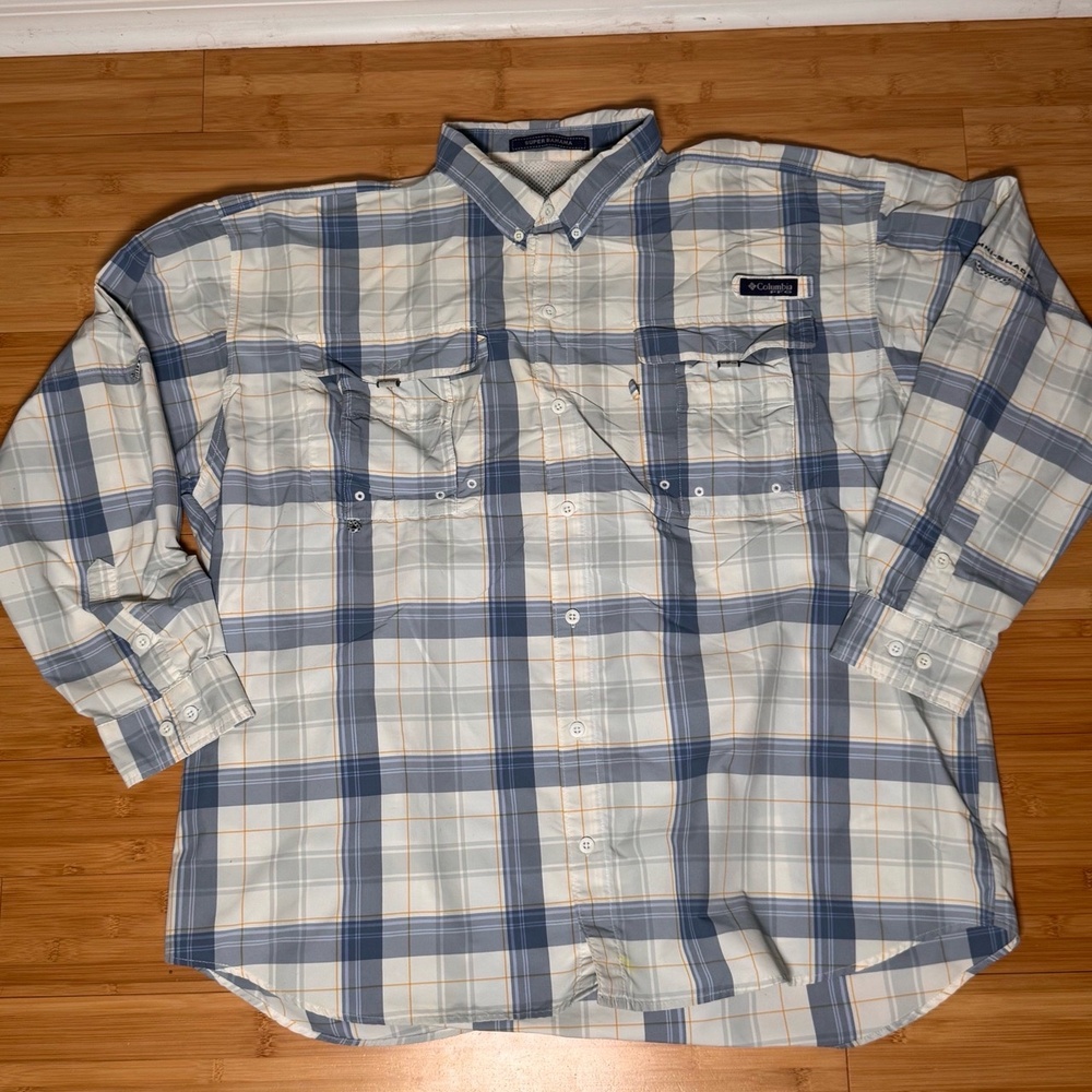 Columbia Mens PFG Super Bahama No Size Tag Blue Plaid Omni-Shade  Fishing Shirt